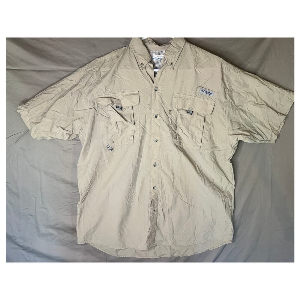 Columbia Beige PFG Bahama II Short Sleeve Fishing Shirt mens M